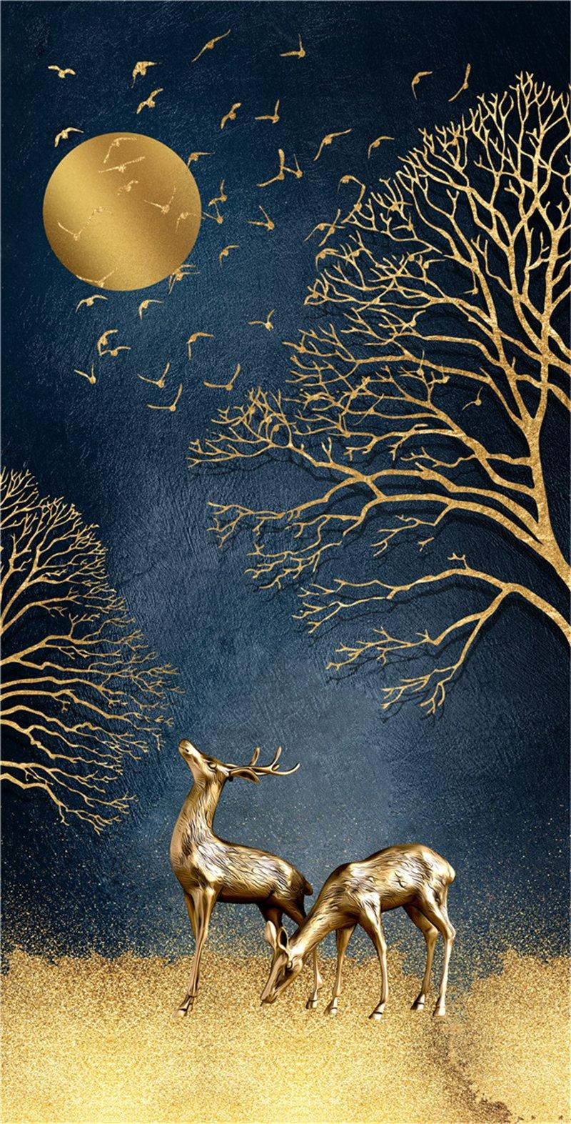 Top những bức tranh nai phong thủy đẹp, biểu tượng tài lộc 11 Hình ảnh đôi nai vàng dưới ánh trăng, biểu tượng cho hạnh phúc gia đình và sự sung túc