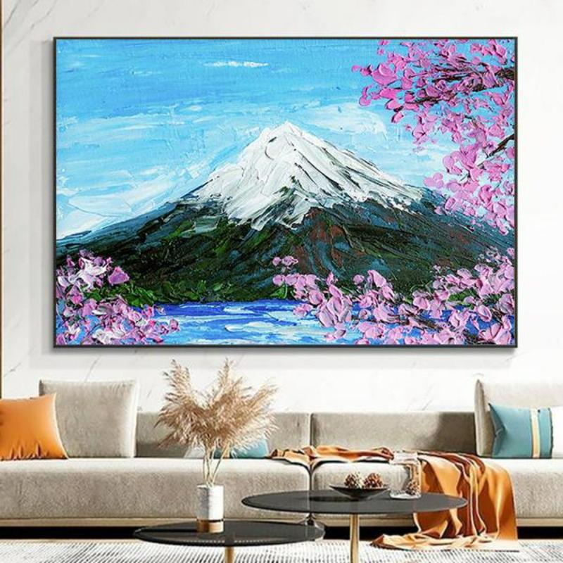 Tranh phong cảnh Núi Phú Sĩ: Ý nghĩa Phong Thủy & Tài Lộc 6 Tranh phong cảnh núi phú sĩ sơn dầu hiện đại với màu sắc hài hòa, dễ dàng phối hợp với mọi phong cách nội thất