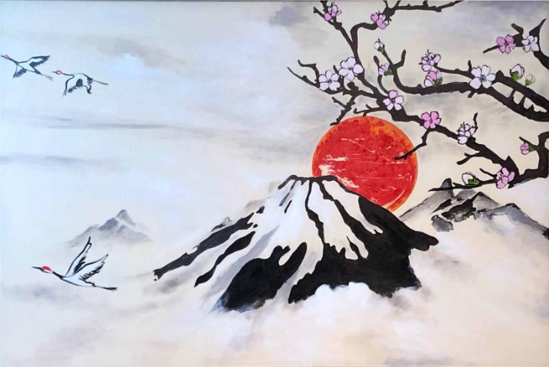 Tranh phong cảnh Núi Phú Sĩ: Ý nghĩa Phong Thủy & Tài Lộc 4 Mặt trời mọc sau núi biểu trưng cho sự khởi đầu tốt lành và tài lộc dồi dào theo ý nghĩa phong thủy