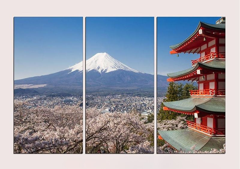 Tranh phong cảnh Núi Phú Sĩ: Ý nghĩa Phong Thủy & Tài Lộc 15 Bộ tranh ghép 3 tấm về Núi Phú Sĩ kết hợp biểu tượng linh thiêng và cảnh vật thiên nhiên hài hòa