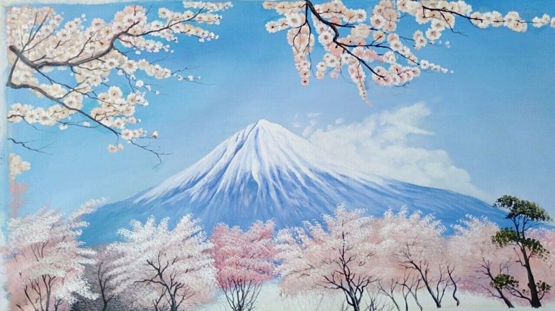 Tranh phong cảnh Núi Phú Sĩ: Ý nghĩa Phong Thủy & Tài Lộc 16 Tranh vẽ Núi Phú Sĩ và hoa anh đào màu trắng hồng với bầu trời xanh màu sắc dịu nhẹ, tinh tế giúp bức tranh dễ dàng phối hợp với mọi không gian nội thất