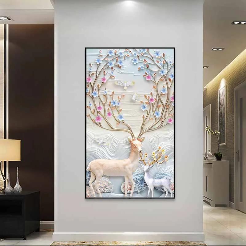 Top những bức tranh nai phong thủy đẹp, biểu tượng tài lộc 12 Tranh đôi nai trắng và hồng với hoa lá, tượng trưng cho tình yêu và sự gắn kết