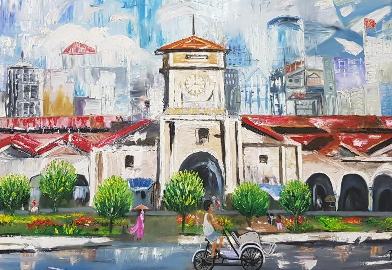 Tranh vẽ Chợ Bến Thành – Tuyển chọn mẫu đẹp nhất 2025 4 Tranh sơn dầu hiện đại với mảng màu dày, thể hiện sự năng động và hồn phố thị phóng khoáng của Sài Gòn