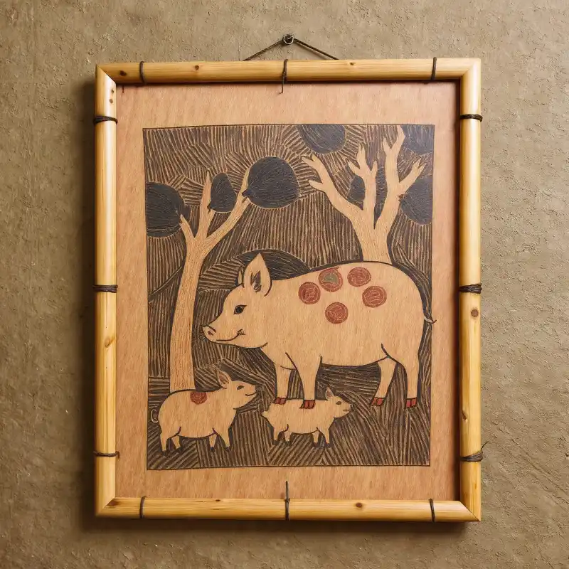 Tranh ngày Tết đàn lợn mẹ con trong rừng tre, biểu tượng sung túc, ấm no.