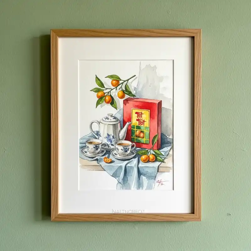 Tranh ngày Tết bộ ấm trà truyền thống, quýt vàng tươi và hộp mứt, gợi không khí sum họp.