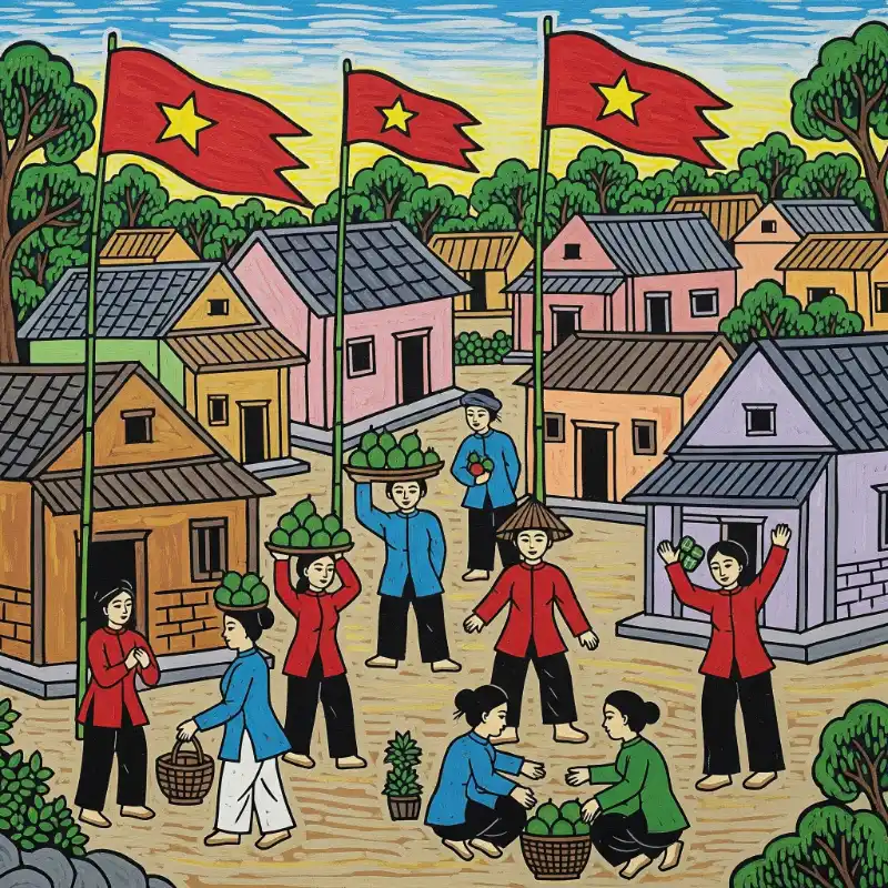 Tranh ngày Tết cảnh chợ quê nhộn nhịp với cờ Tổ quốc, đậm đà bản sắc Việt.