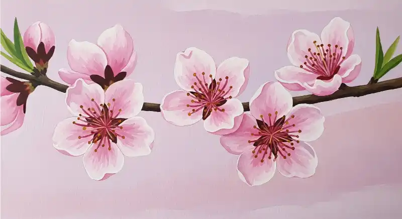 Tranh ngày Tết cành hoa đào hồng thắm khoe sắc, báo hiệu mùa xuân về.