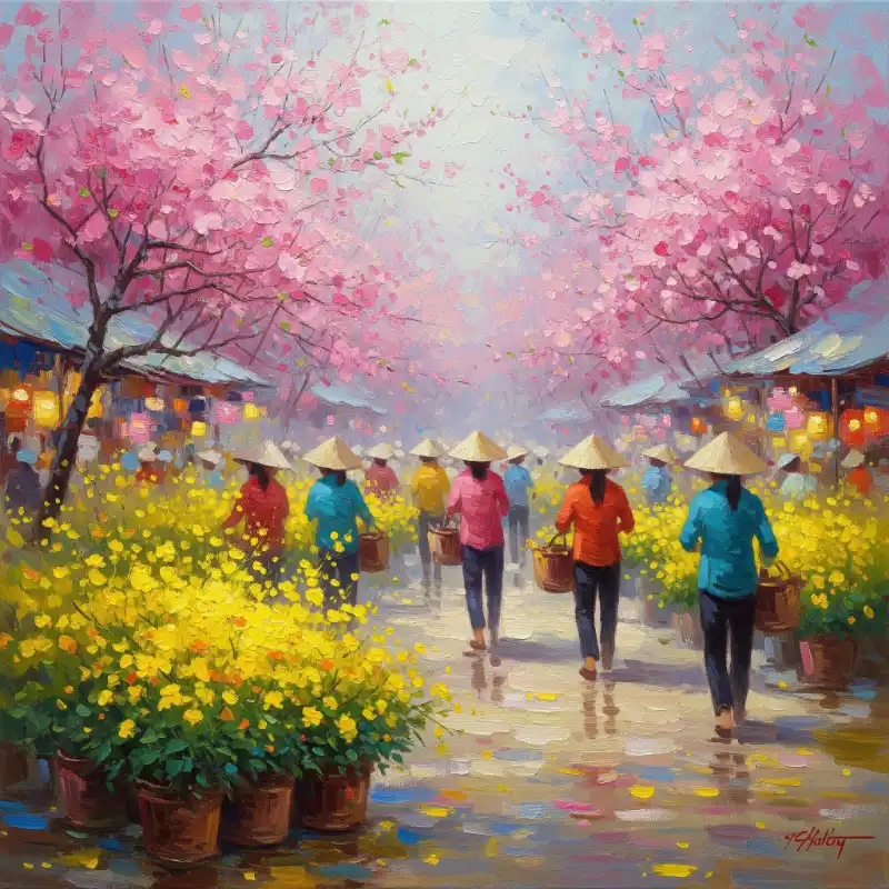 Tranh ngày Tết chợ hoa rực rỡ sắc đào, mai vàng, người dân áo nón tấp nập sắm sửa chào xuân.