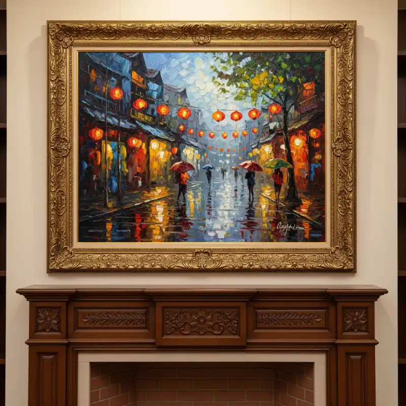 Tranh ngày Tết con phố rực rỡ đèn lồng đỏ trong đêm mưa, gợi nhớ lễ hội truyền thống.