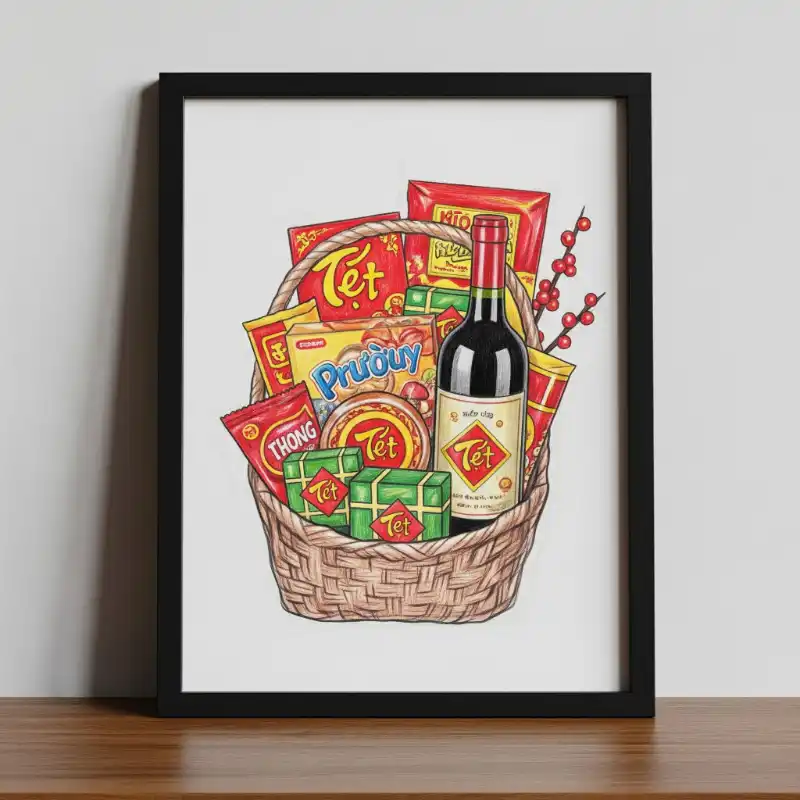 Tranh ngày Tết giỏ quà biếu truyền thống với bánh chưng, rượu vang, mang không khí xuân.