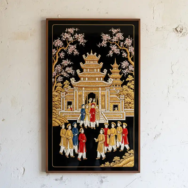 Tranh ngày Tết lễ hội truyền thống tại đình làng, hoa đào nở rộ trên nền đen.