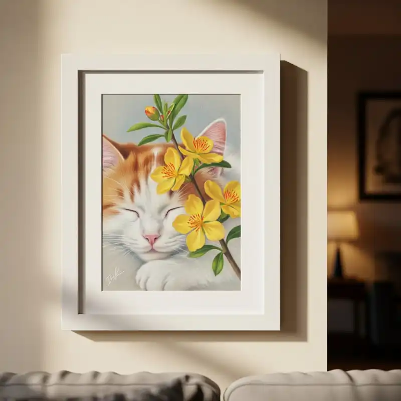 Tranh ngày Tết mèo con ngủ say bên cành mai vàng, mang không khí mùa xuân ấm áp.