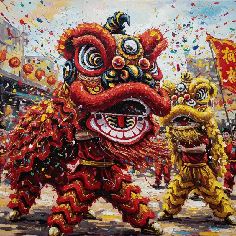 Tranh ngày Tết múa lân rực rỡ sắc màu, mang đến niềm vui và tài lộc.