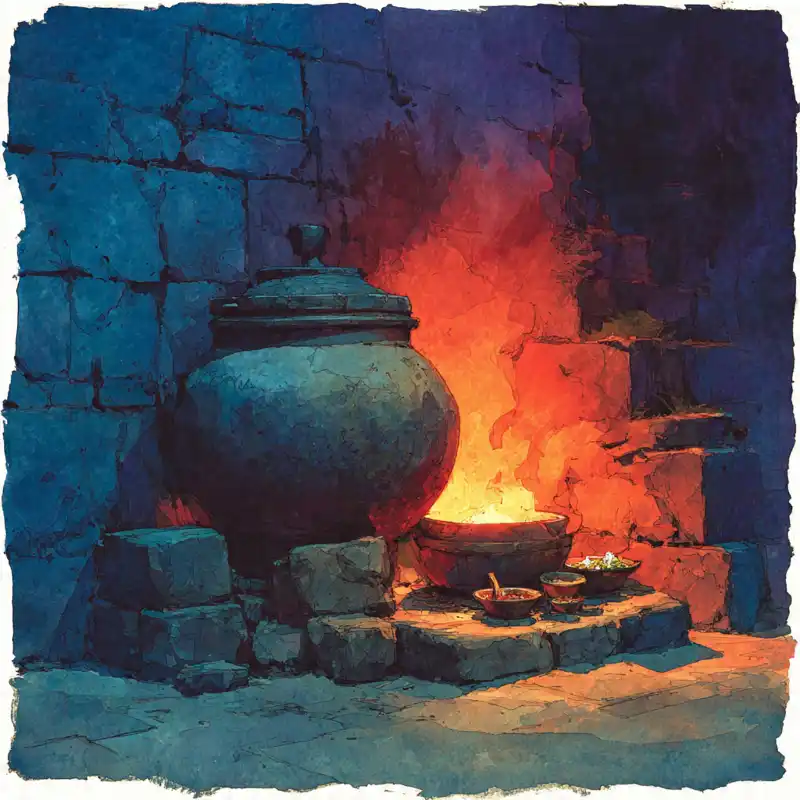 Tranh ngày Tết nồi bánh chưng lớn bập bùng lửa hồng, gợi nhớ không khí sum vầy.