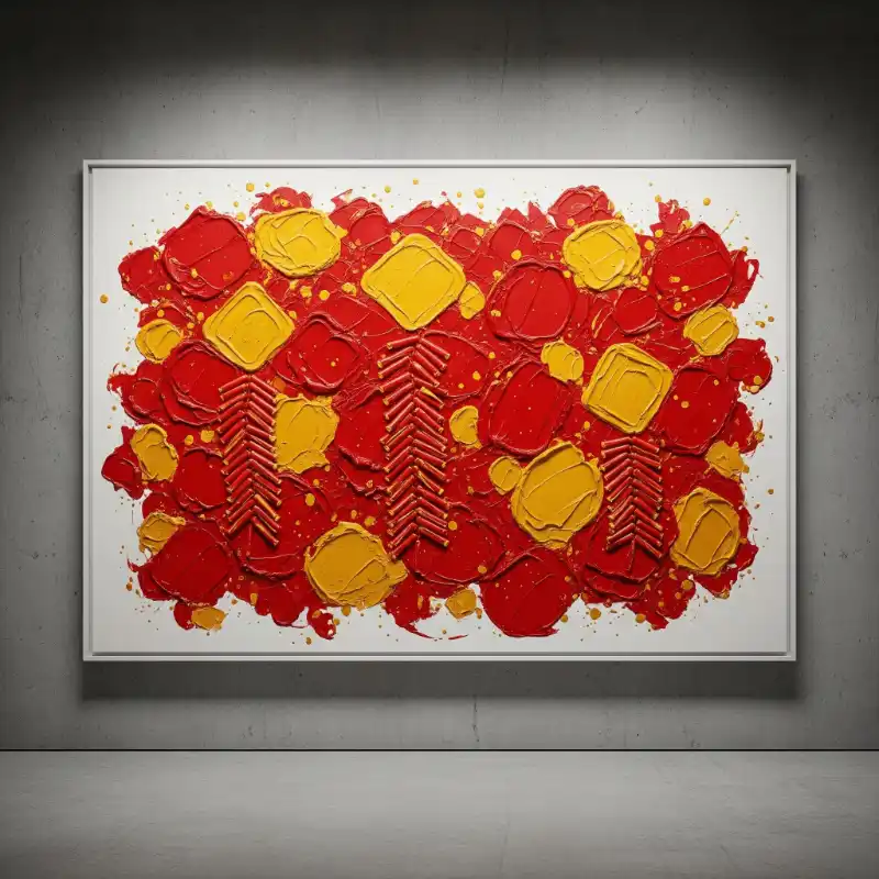 Tranh ngày Tết pháo hoa vàng đỏ, các chuỗi pháo chúc mừng năm mới tưng bừng.