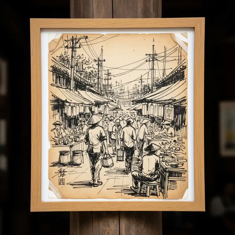 Tranh ngày Tết phố chợ nhộn nhịp với nón lá, tái hiện khung cảnh truyền thống Việt.