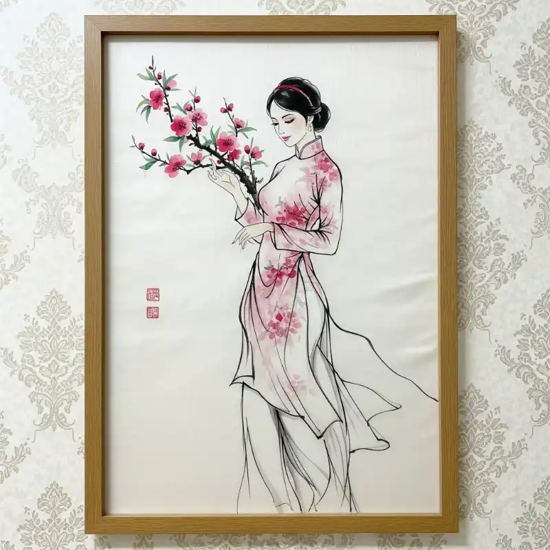 Tranh ngày Tết thiếu nữ duyên dáng trong tà áo dài hồng, nâng niu cành đào khoe sắc.