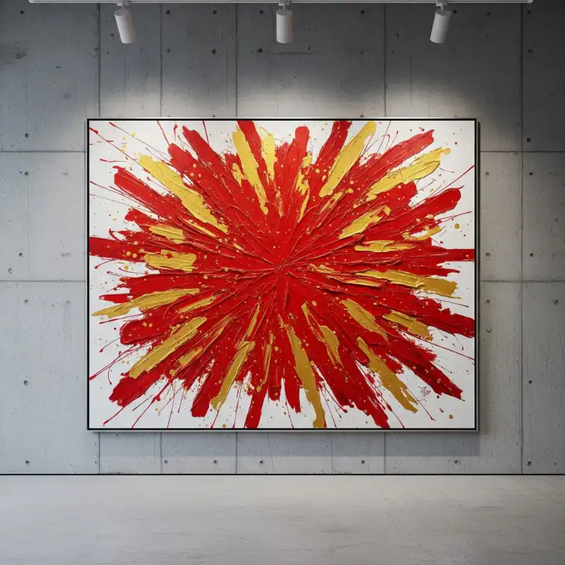 Tranh ngày Tết trừu tượng đỏ vàng rực rỡ, tượng trưng cho may mắn và tài lộc.