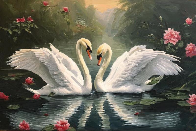 39+ Mẫu tranh thiên nga nghệ thuật đẹp, hợp phong thủy 4 Tranh thiên nga lướt nhẹ trên hồ, kết hợp cùng hoa lá tươi tắn, thu hút năng lượng tốt lành và sự tinh tế cho không gian sống
