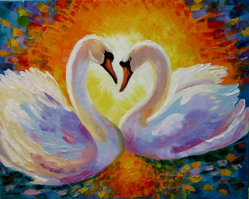 39+ Mẫu tranh thiên nga nghệ thuật đẹp, hợp phong thủy 9 Tranh sơn dầu thiên nga nền mặt trời mọc kết hợp màu sắc tươi sáng, rực rỡ thể hiện tình yêu nồng nhiệt, viên mãn và nguồn năng lượng tích cực, ấm áp