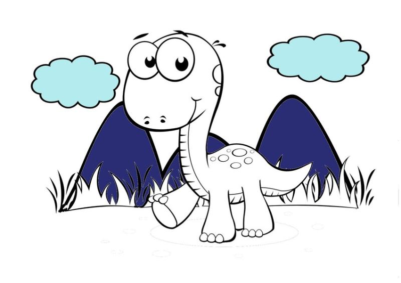 Bức tranh phong cảnh hài hòa với chú khủng long cổ dài hiền lành đi dạo dưới chân núi