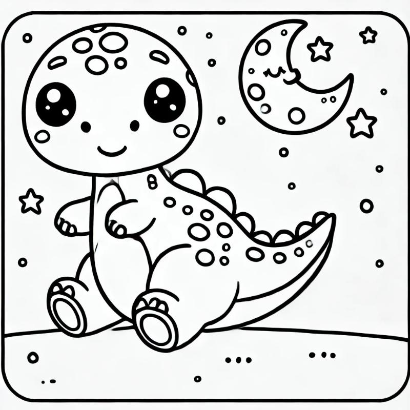 Bé tô màu chú khủng long con ngộ nghĩnh dưới ánh trăng – mẫu tranh đơn giản cho lứa tuổi mầm non