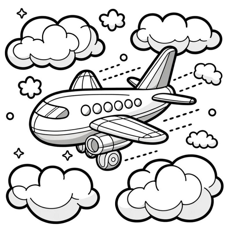 Bé thỏa sức khám phá bầu trời rộng lớn qua bức tranh máy bay chở khách đang bay lượn giữa những đám mây và ngôi sao
