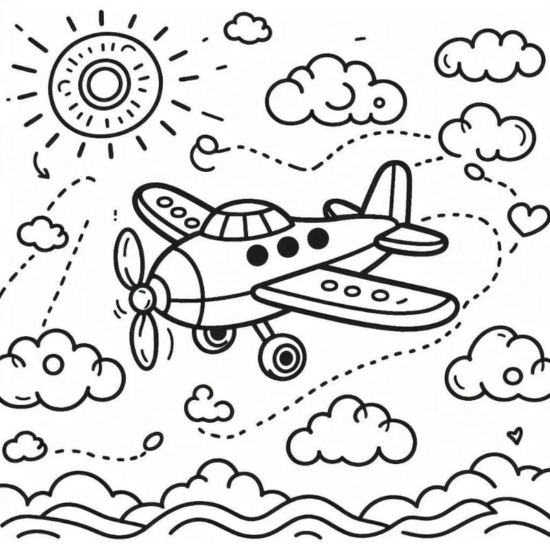 Bức tranh máy bay bay dưới ánh mặt trời rực rỡ mang lại nguồn năng lượng tích cực và niềm vui sáng tạo cho trẻ