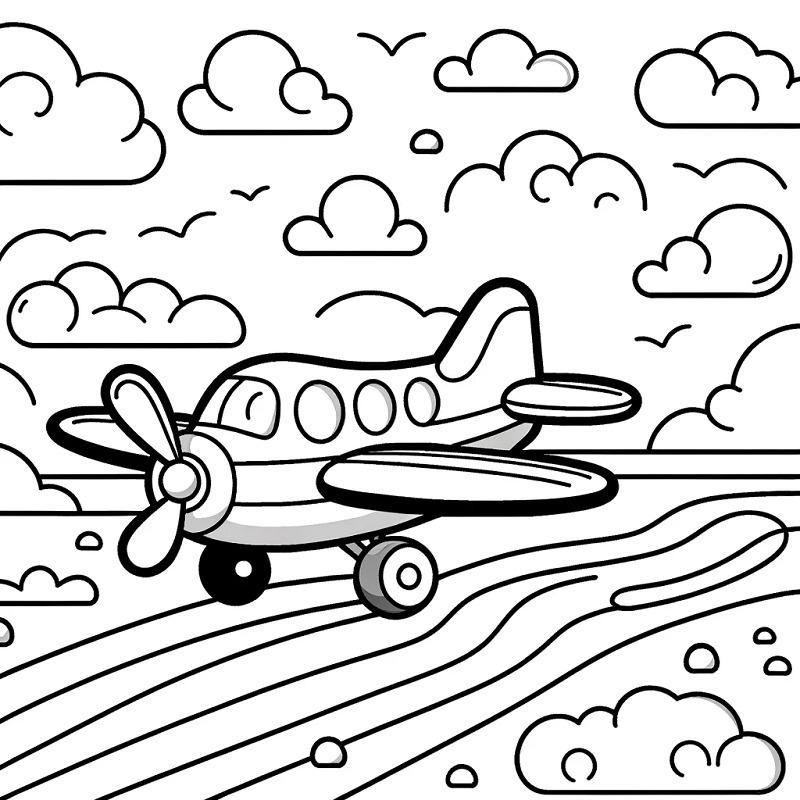 Bé tập quan sát và tô điểm cho chiếc máy bay hoạt hình đáng yêu đang chuẩn bị cất cánh trên đường băng