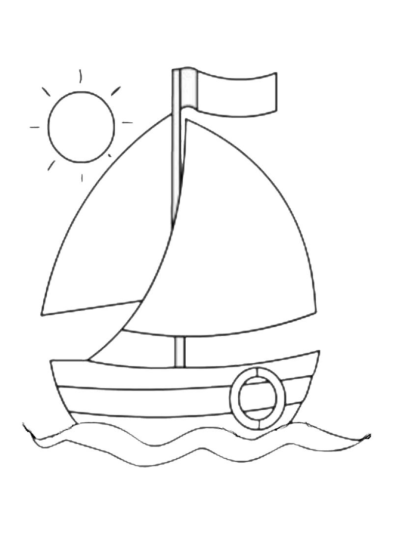 tranh tô màu tàu thủy thuyền buồm đơn giản có mặt trời phía sau