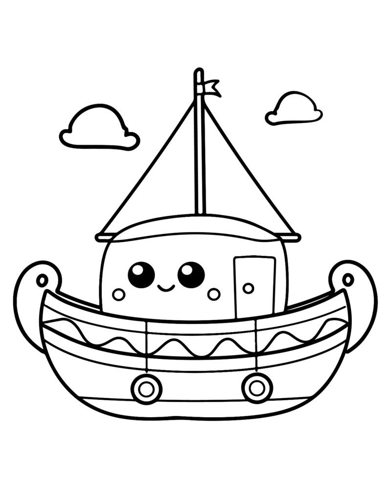 tranh tô màu tàu thủy tàu bé dễ thương mặt cười phong cách cute