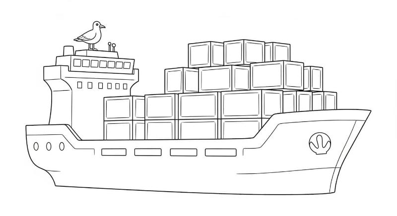 tranh tô màu tàu thủy tàu container chở nhiều kiện hàng xếp ngay ngắn