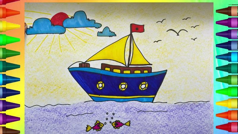 tranh tô màu tàu thủy tàu nhỏ ngoài khơi phối màu cầu vồng