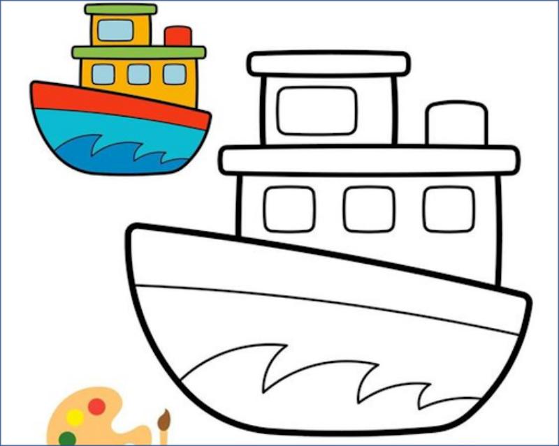 tranh tô màu tàu thủy tàu nhỏ nhiều cửa sổ có cá và mặt trời trang trí