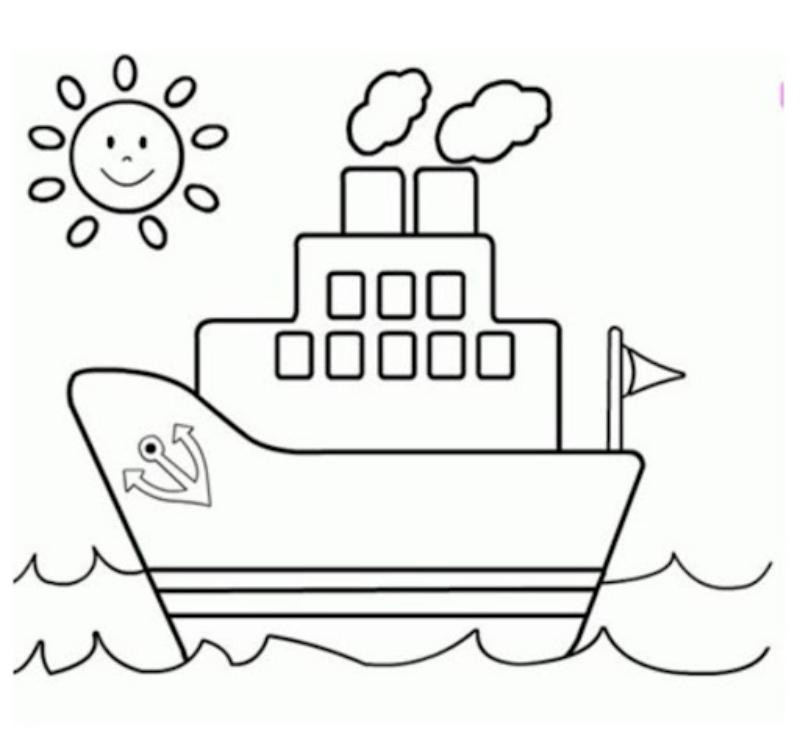 tranh tô màu tàu thủy tàu trẻ em đơn giản mặt trời mây và đường biển