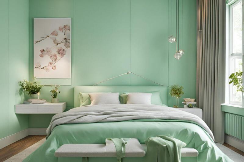 Phòng ngủ tông xanh bạc hà với tranh hoa lá nhẹ nhàng, mang lại sự cân bằng, thư thái