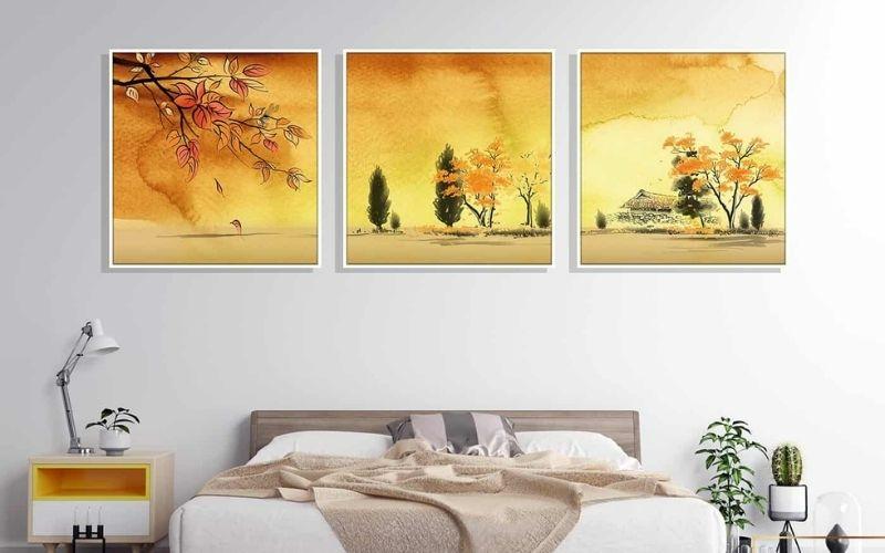 Bộ tranh watercolor phong cảnh tông cam vàng, tạo cảm giác ấm áp và nghệ thuật