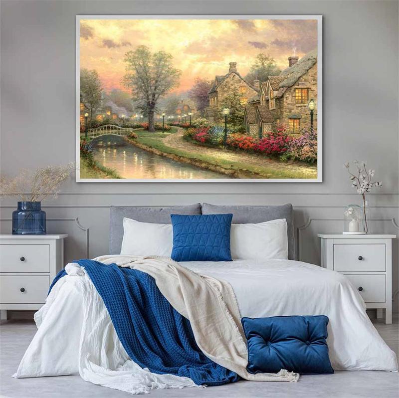 Tranh phong cảnh cổ điển với gam màu ấm, tạo sự yên bình và dễ chịu