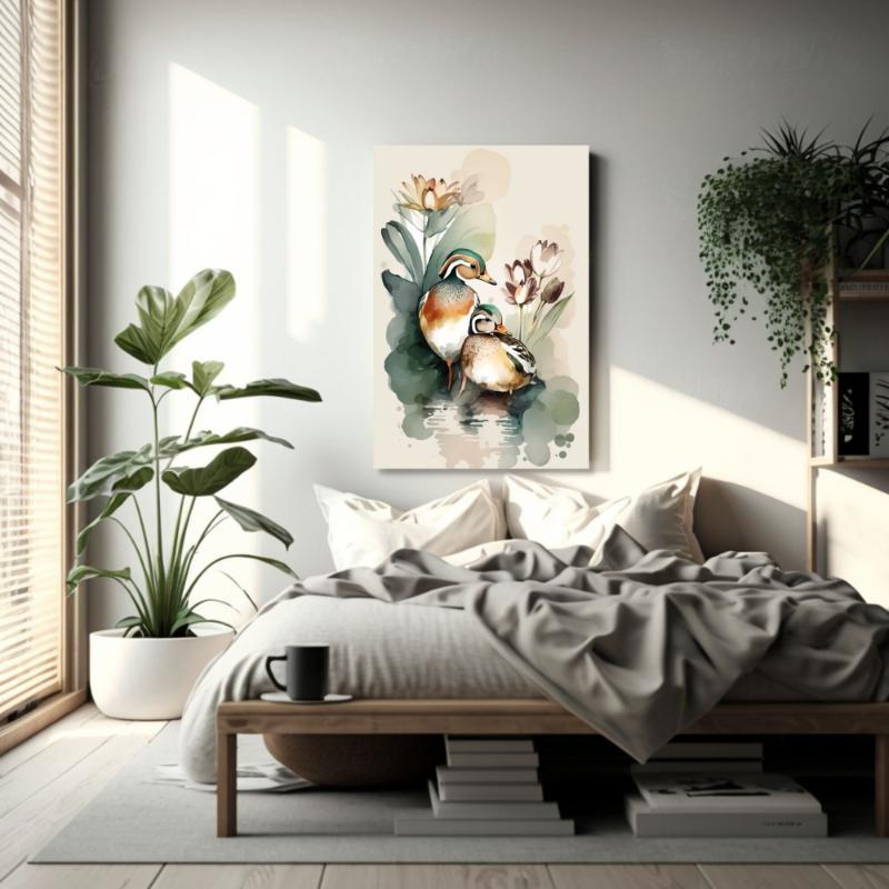 Tranh đôi chim phong cách watercolor nhẹ nhàng, tạo không gian thư giãn và êm dịu