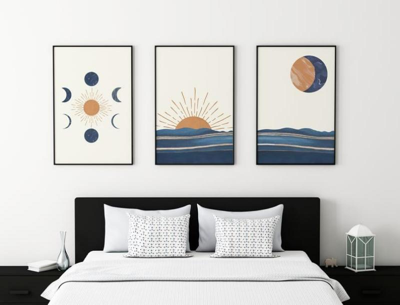 105+ mẫu tranh Minimalism tối giản đẹp, độc đáo sang trọng hiện đại 6 Bộ 3 tranh tối giản hình học vũ trụ mang lại cảm giác cân bằng, yên bình cho phòng ngủ hiện đại