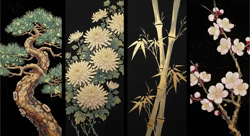 Tranh Tứ Quý treo tường Tùng Cúc Trúc Mai đẹp, sang trọng 46 Tranh tứ quý bộ bốn bức minh họa tùng, cúc, trúc, mai trên nền đen, điểm vàng rực rỡ.