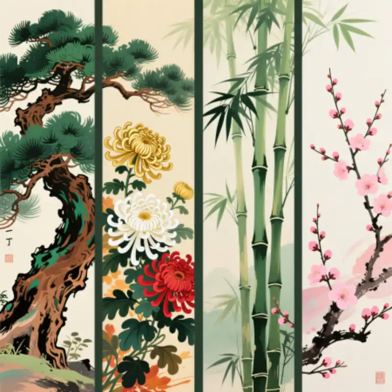 Tranh Tứ Quý treo tường Tùng Cúc Trúc Mai đẹp, sang trọng 47 Tranh tứ quý bộ bốn bức minh họa tùng, cúc, trúc, mai truyền thống, đậm chất Á Đông.