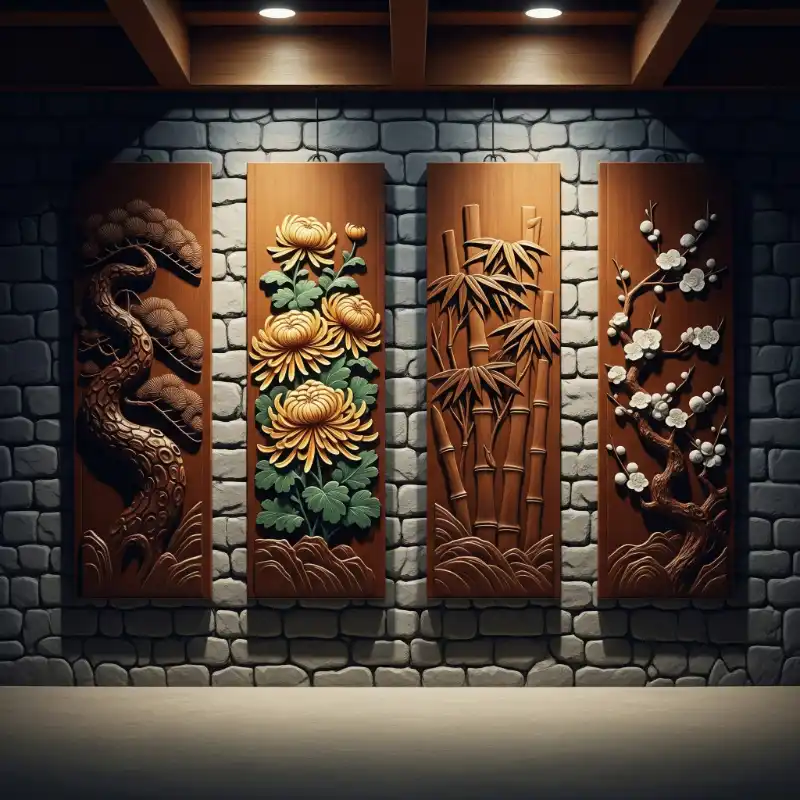 Tranh Tứ Quý treo tường Tùng Cúc Trúc Mai đẹp, sang trọng 48 Tranh tứ quý bộ bốn tấm gỗ điêu khắc tùng, cúc, trúc, mai tinh xảo, gắn trên tường gạch.