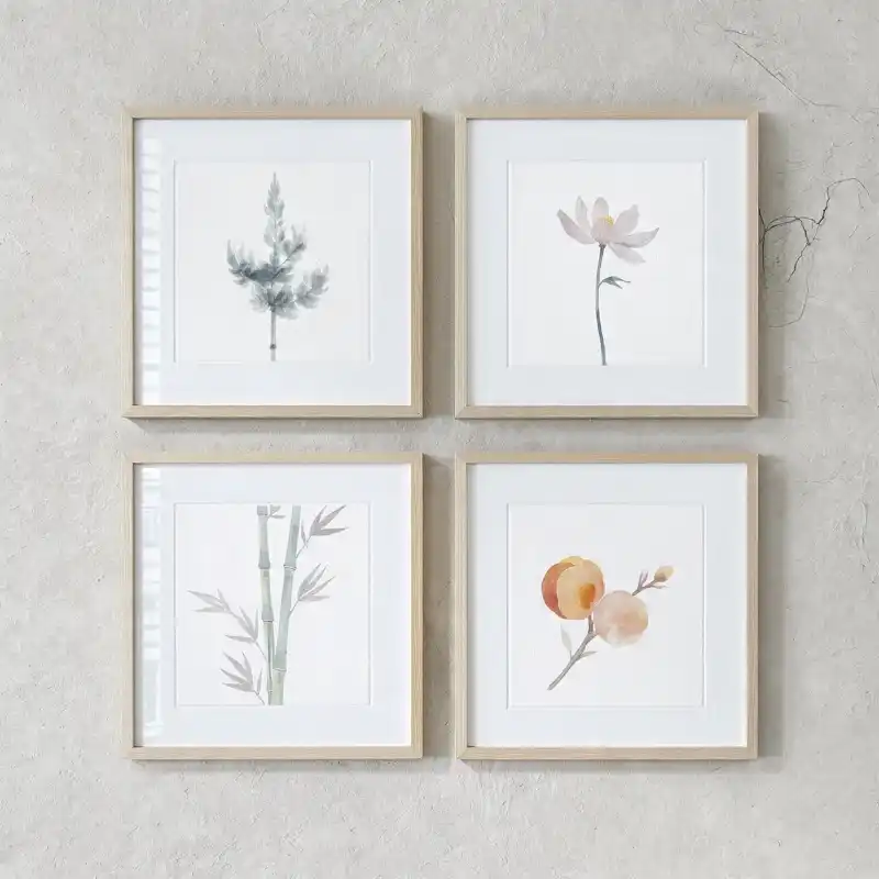 Tranh Tứ Quý treo tường Tùng Cúc Trúc Mai đẹp, sang trọng 49 Tranh tứ quý bộ bốn tranh thủy mặc tùng, hoa sen, trúc, và quả đào, màu sắc thanh nhã.