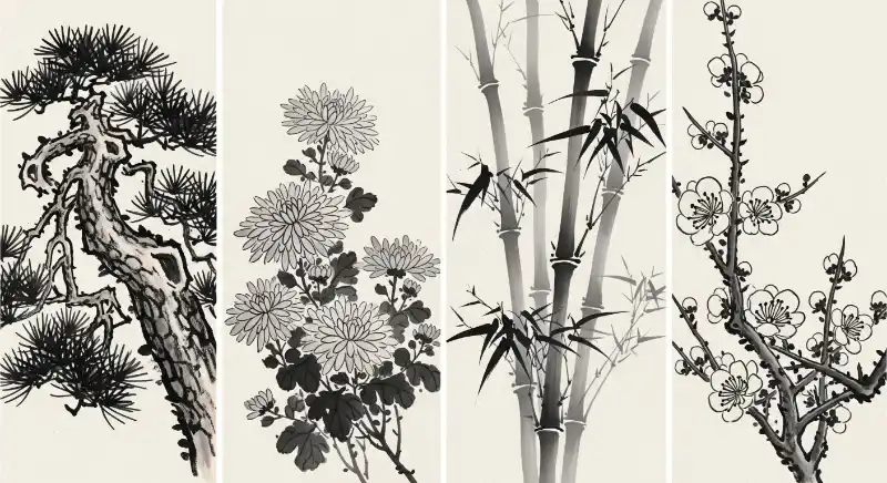 Tranh Tứ Quý treo tường Tùng Cúc Trúc Mai đẹp, sang trọng 50 Tranh tứ quý bộ hình vẽ tùng, cúc, trúc, mai bằng mực tàu truyền thống, nghệ thuật