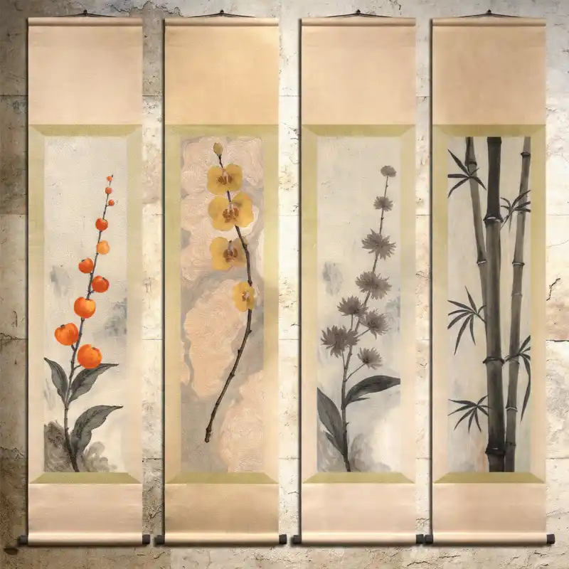 Tranh Tứ Quý treo tường Tùng Cúc Trúc Mai đẹp, sang trọng 51 Tranh tứ quý bốn bức cuộn thể hiện cây quả, lan, hoa và trúc, sắc màu dịu nhẹ.