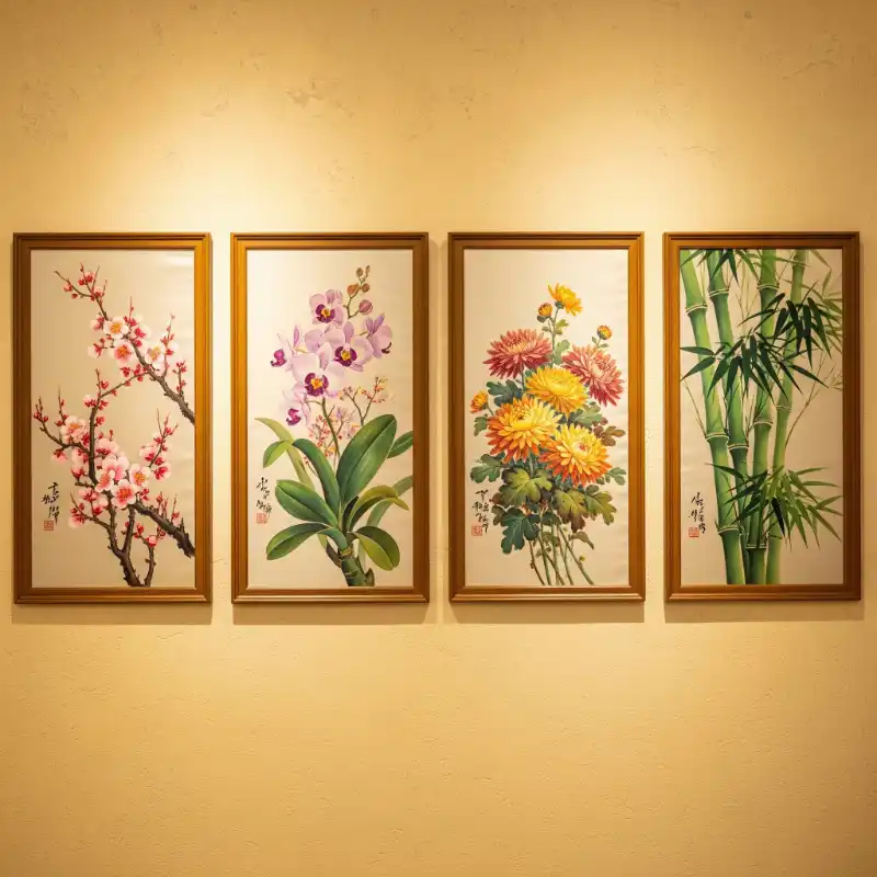 Tranh Tứ Quý treo tường Tùng Cúc Trúc Mai đẹp, sang trọng 52 Tranh tứ quý bốn bức họa mai, lan, cúc, trúc treo trên tường vàng, ánh đèn chiếu sáng.