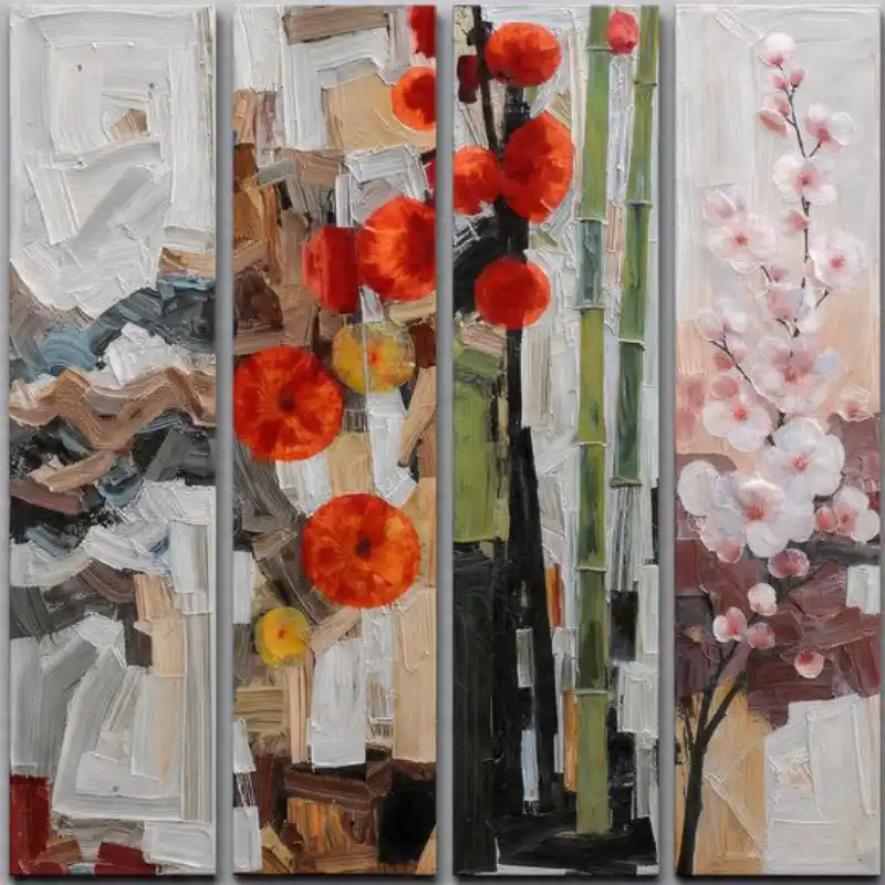 Tranh Tứ Quý treo tường Tùng Cúc Trúc Mai đẹp, sang trọng 53 Tranh tứ quý bốn bức họa nghệ thuật trừu tượng với hoa đỏ, trúc và anh đào, kết cấu độc đáo.