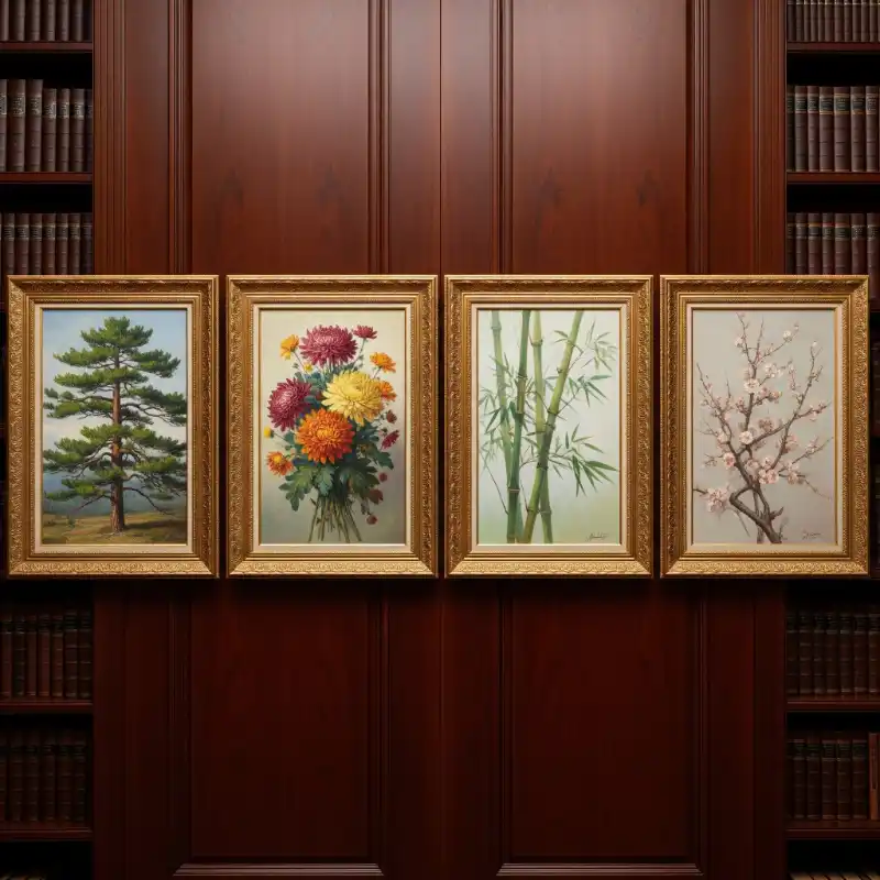 Tranh Tứ Quý treo tường Tùng Cúc Trúc Mai đẹp, sang trọng 54 Tranh tứ quý bốn bức họa tùng, cúc, trúc, mai lộng lẫy, khung vàng, trên tủ sách gỗ.