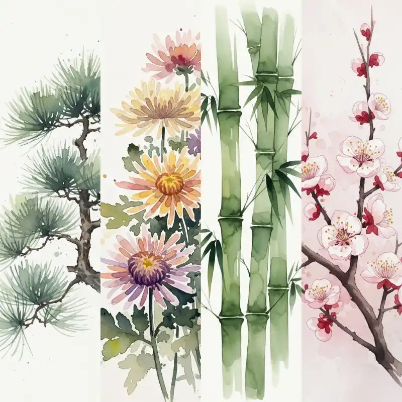 Tranh Tứ Quý treo tường Tùng Cúc Trúc Mai đẹp, sang trọng 55 Tranh tứ quý bốn bức họa tùng, cúc, trúc, mai vẽ màu nước, nhẹ nhàng và thanh thoát.